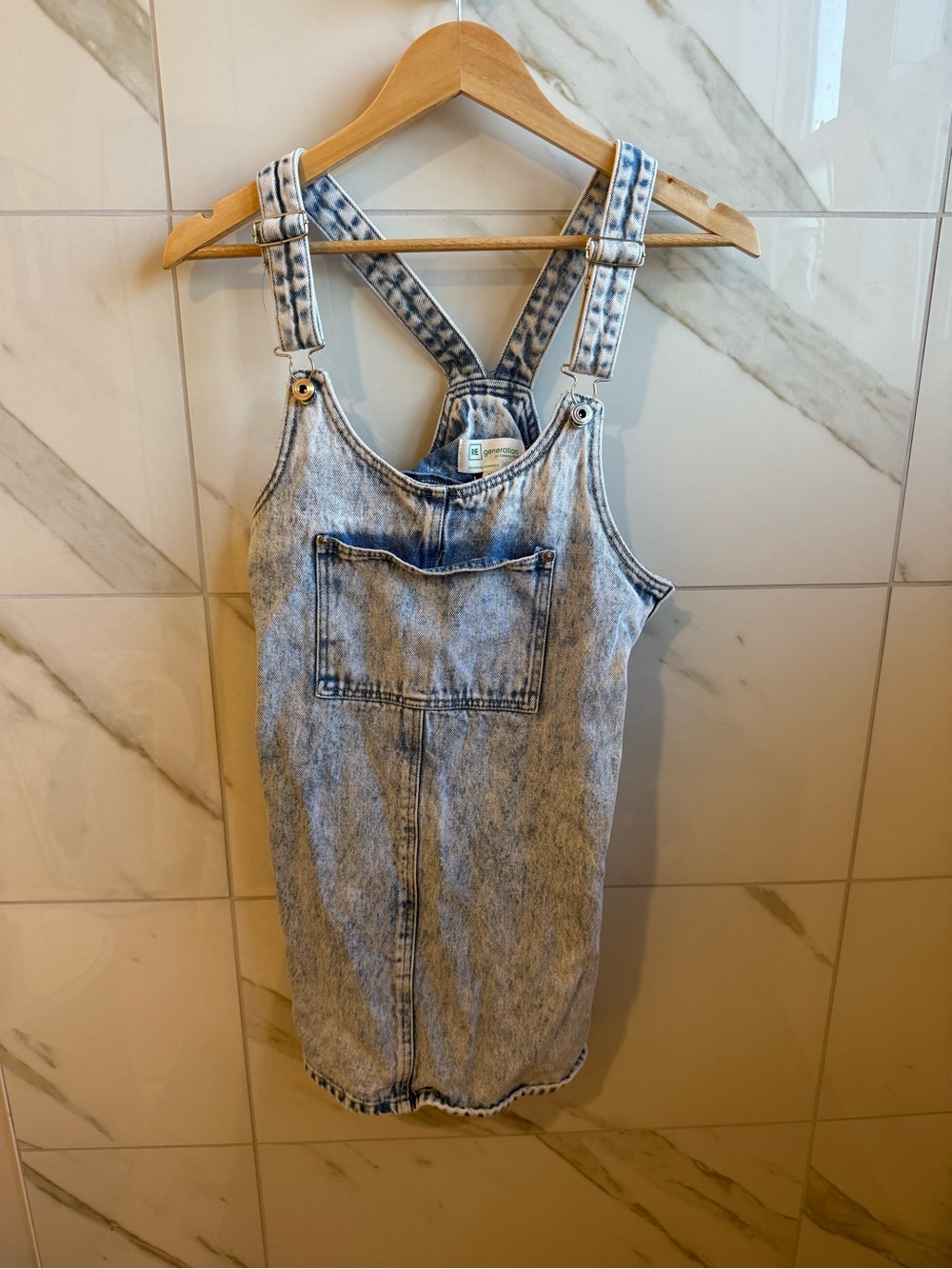 Acid-Wash Denim Mini Overall Dress in Light Blue